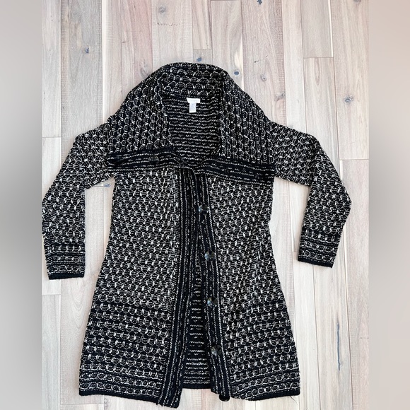 Chico's Sweaters - Chico’s Long Knit Cardigan Collared Button Black White Brown Size 1 - Medium